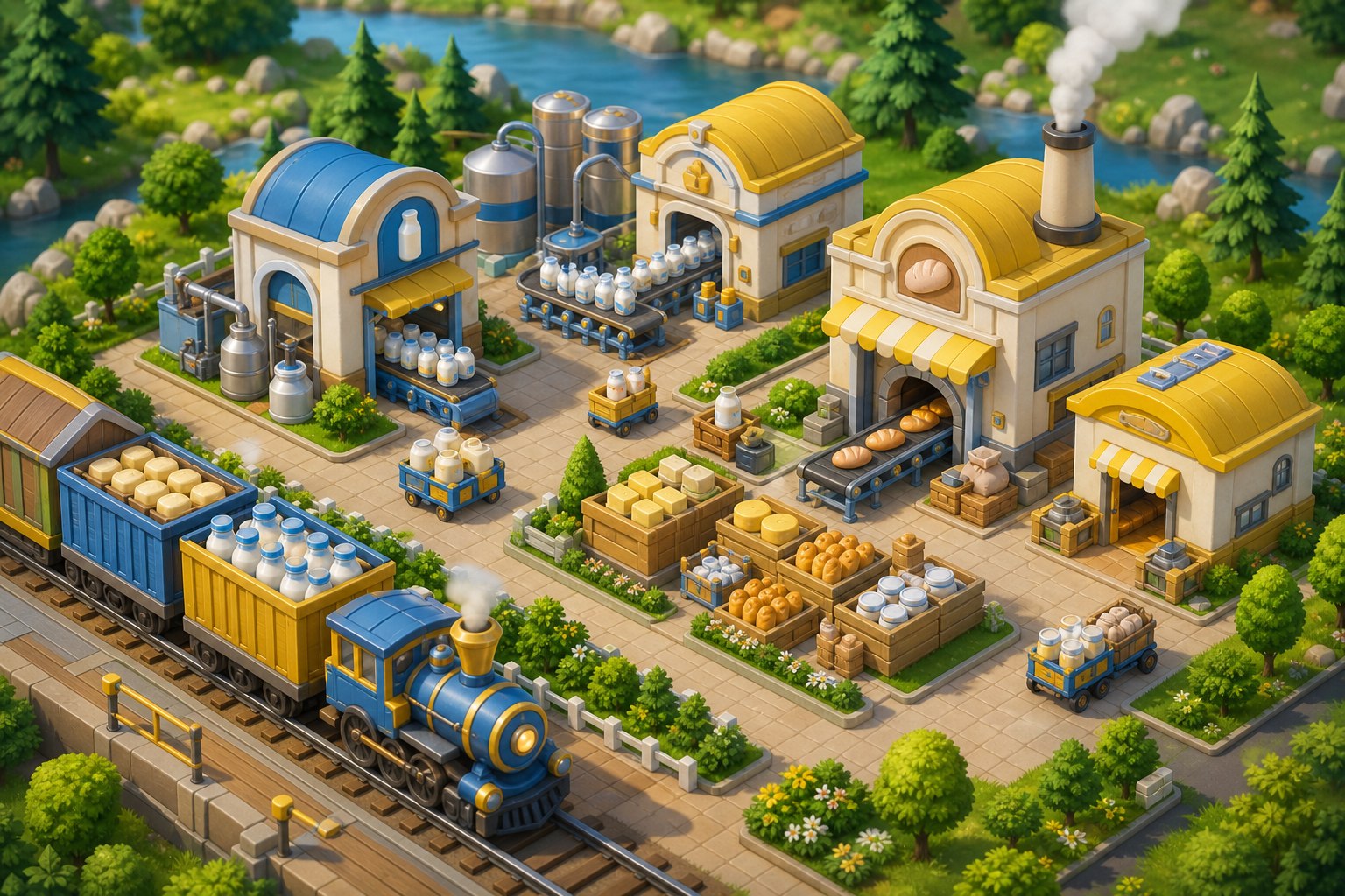Illustrated production buildings and train