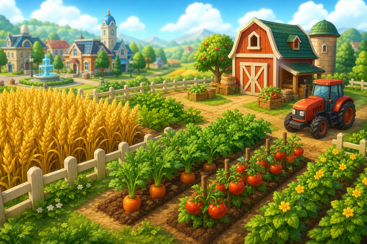 Illustrated crop fields and barn