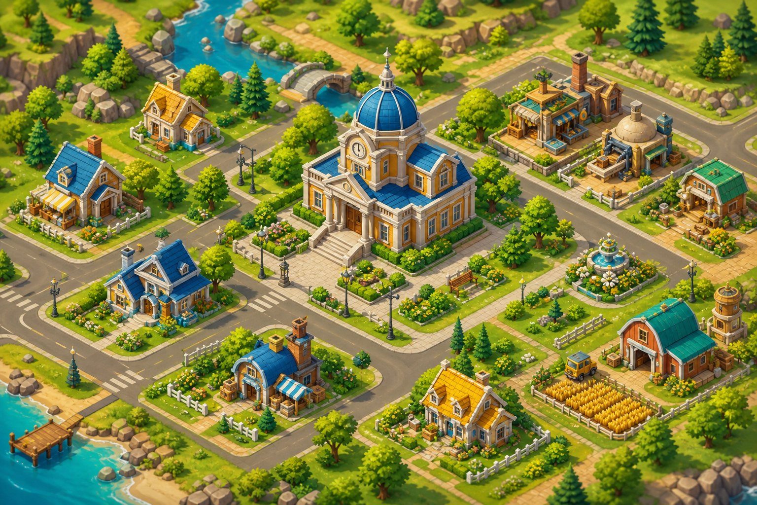Illustrated town buildings and roads