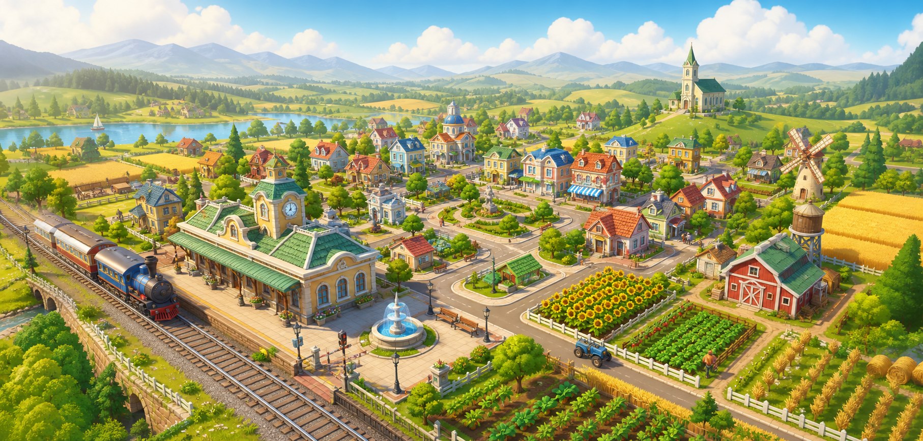 Wide illustrated town and countryside